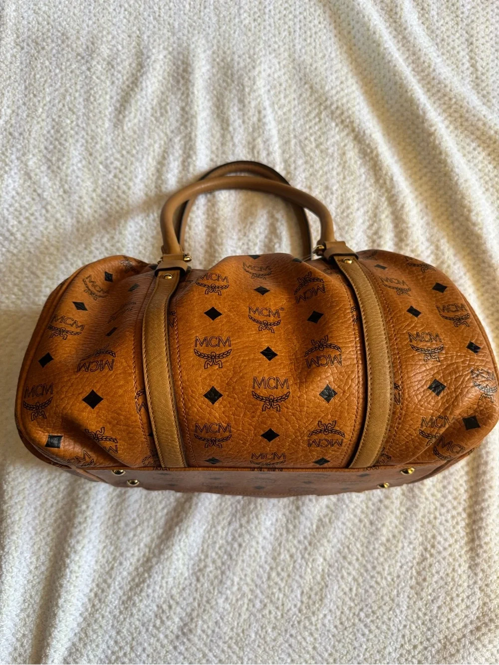 MCM Visetos Barrel Satchel - Cognac Tan with Black Monogram - Picture 2 of 4